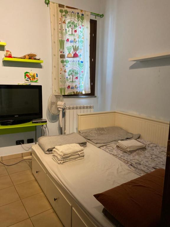 um quarto com uma cama, uma televisão e uma janela em Casa Mimì em Arsago Seprio