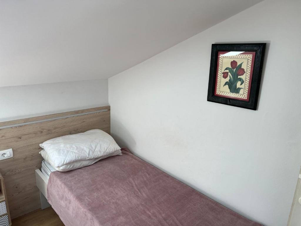 a small room with a bed and a picture on the wall at Apartments Vila Vino in Sveta Nedelja