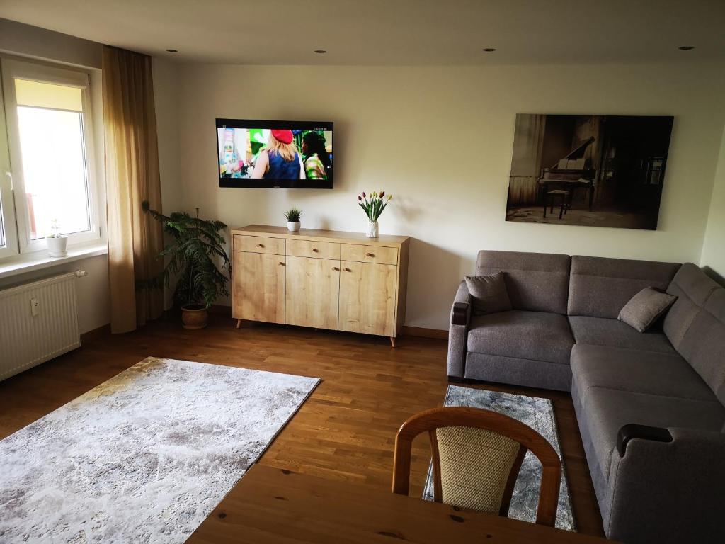 Televízia a/alebo spoločenská miestnosť v ubytovaní Apartament Korczaka Centrum