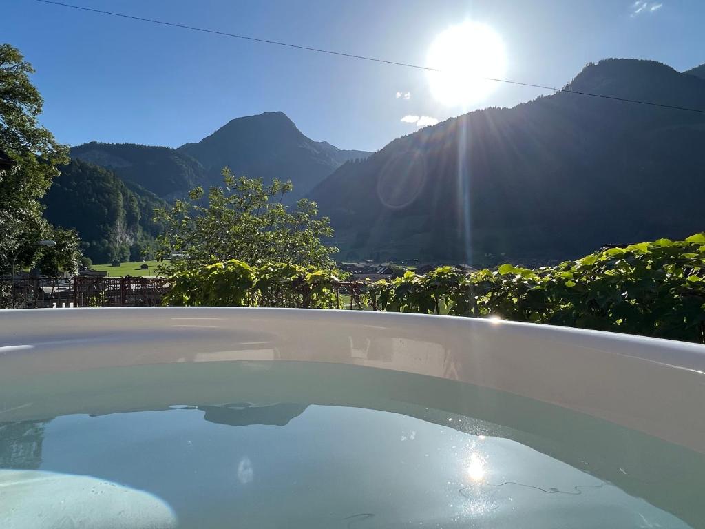 a swimming pool with a view of the mountains at Romantic private superior Swiss Chalet with Hottub in Lungern