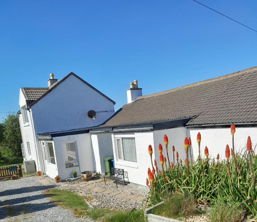 a white house with red flowers in front of it at Lealt Falls House in Culnacnoc