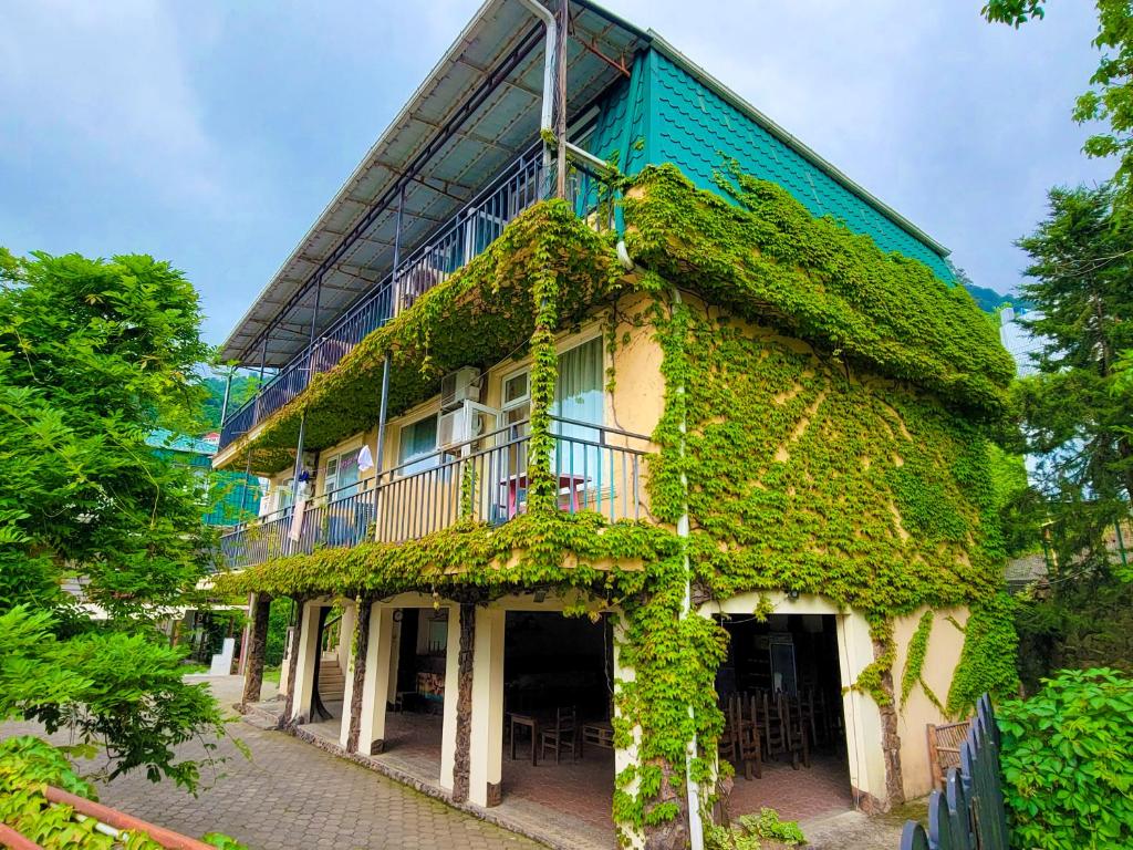 a building covered in ivy with tables and chairs at Guest House Kvariati in Kvariati