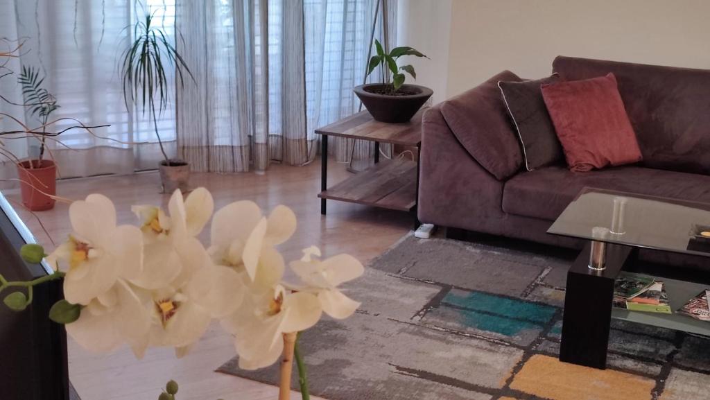 uma sala de estar com um sofá e orquídeas brancas em Isabella Modern flat City Center Nicosia em Nicósia
