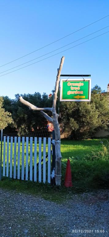 a tree next to a white fence with a sign at Orange Tree Garden in Pefkochori