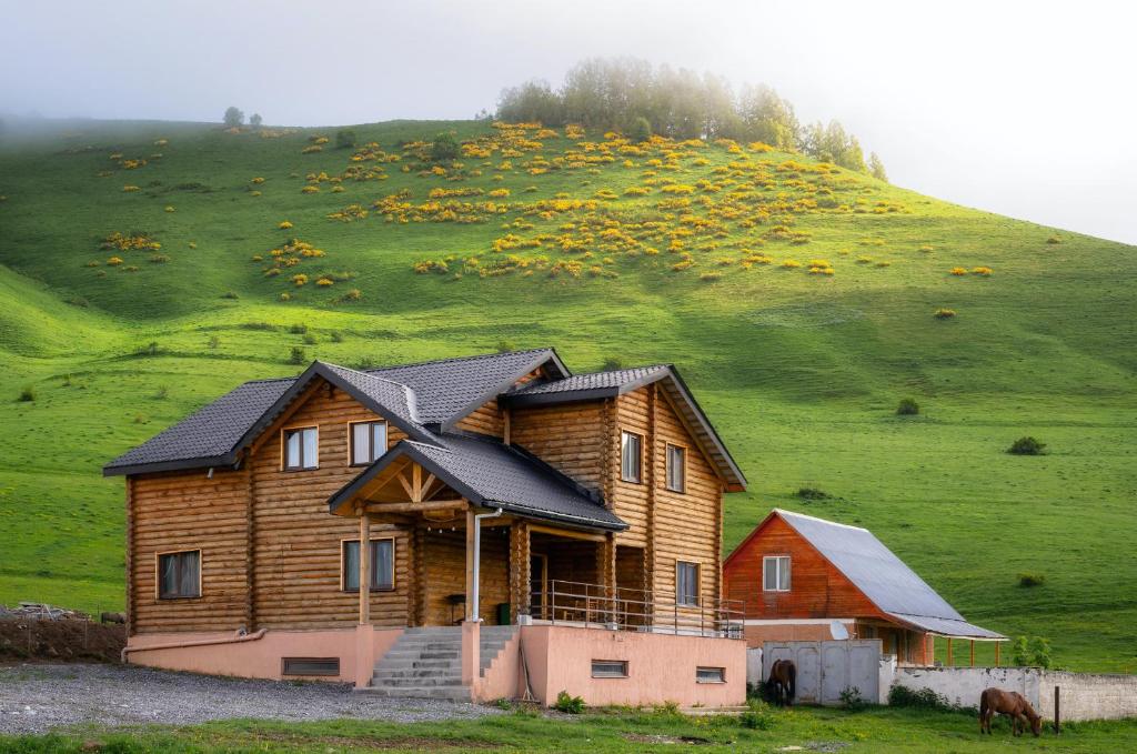 a wooden house in front of a green hill at Snow Time Eco Chalet in Gudauri