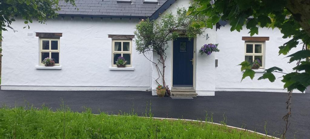 a white house with two windows and a blue door at Cheerful Cottage in Westport