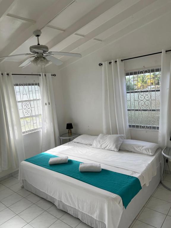 a bedroom with a large white bed with a ceiling fan at Home2Home Guesthouse in Christ Church