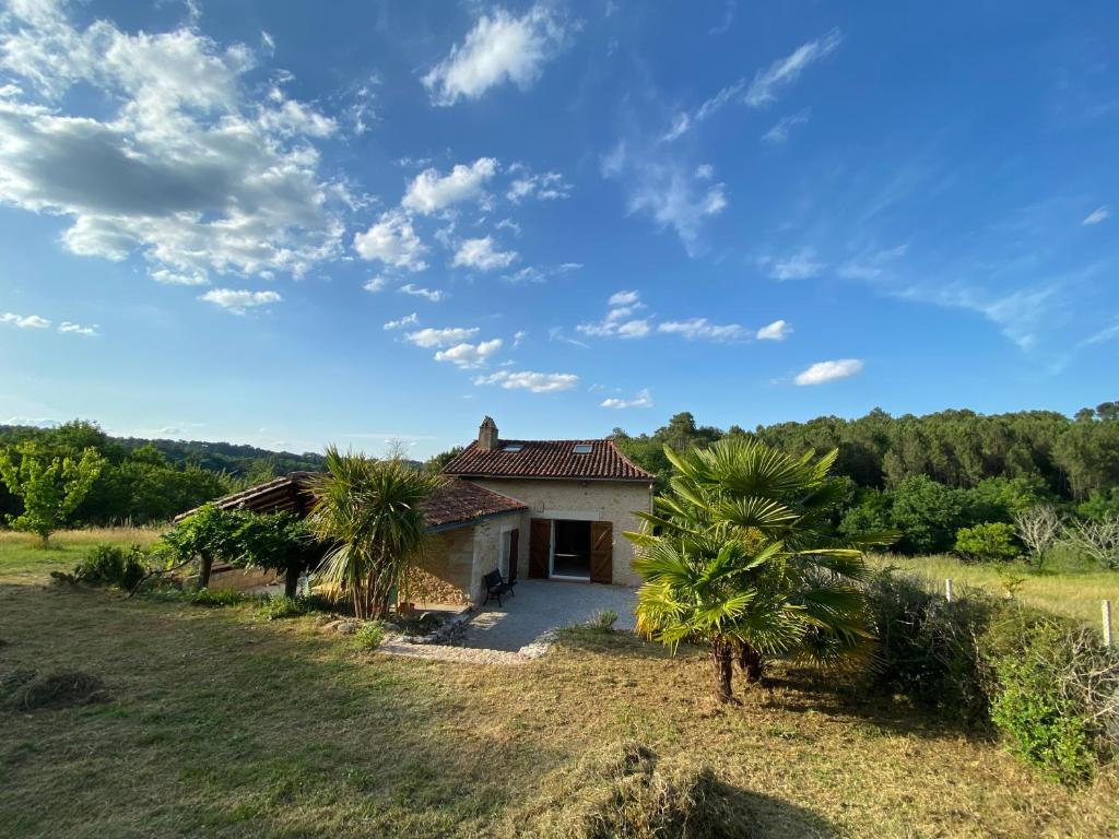 une petite maison dans un champ planté de palmiers dans l'établissement Maison en pierre à la campagne en Périgord Dordogne, à Saint-Germain-du-Salembre