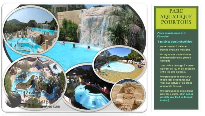 un collage de fotos de un parque acuático en MOBILE HOME TEXAS COSY 8 PERSONNES 3 CHAMBRES en Le Muy