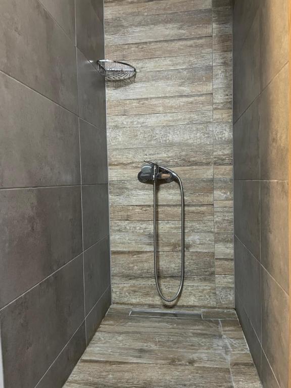 a shower with a shower head in a bathroom at Centro Alexandroupolis in Alexandroupoli