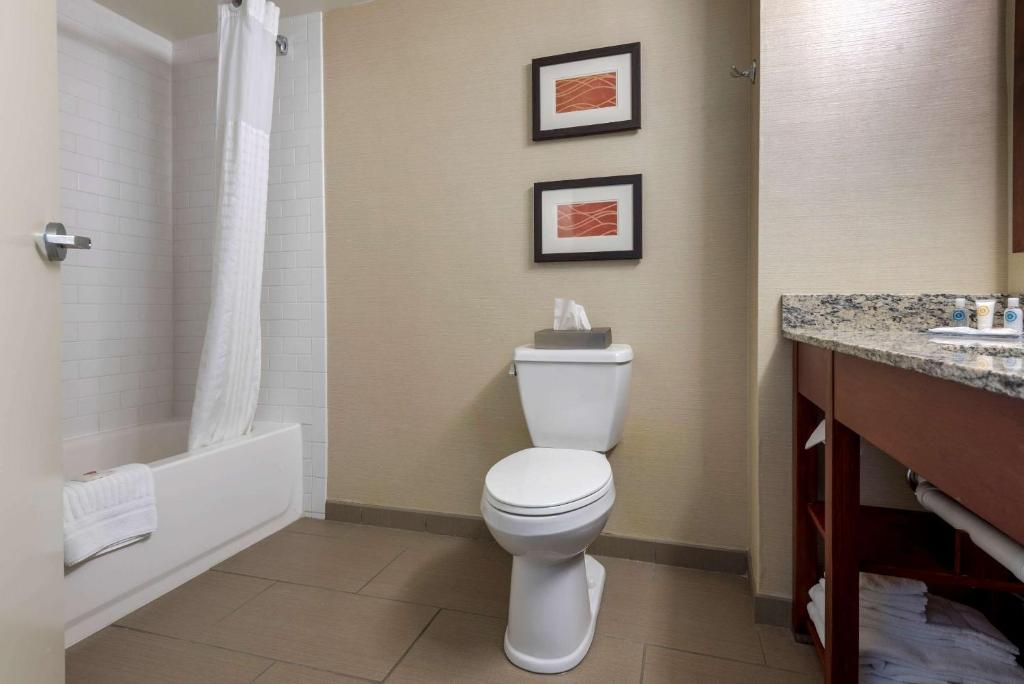 a bathroom with a toilet and a tub and a sink at Comfort Inn The Pointe in Niagara Falls