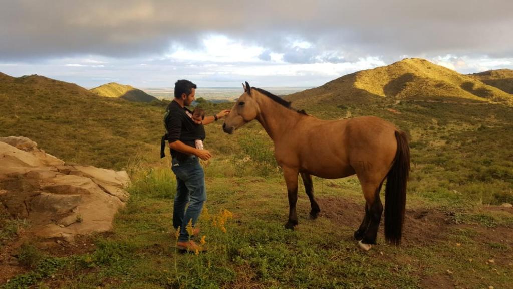 a man standing next to a brown horse in a field at Potrero del Rey in Estancia Grande