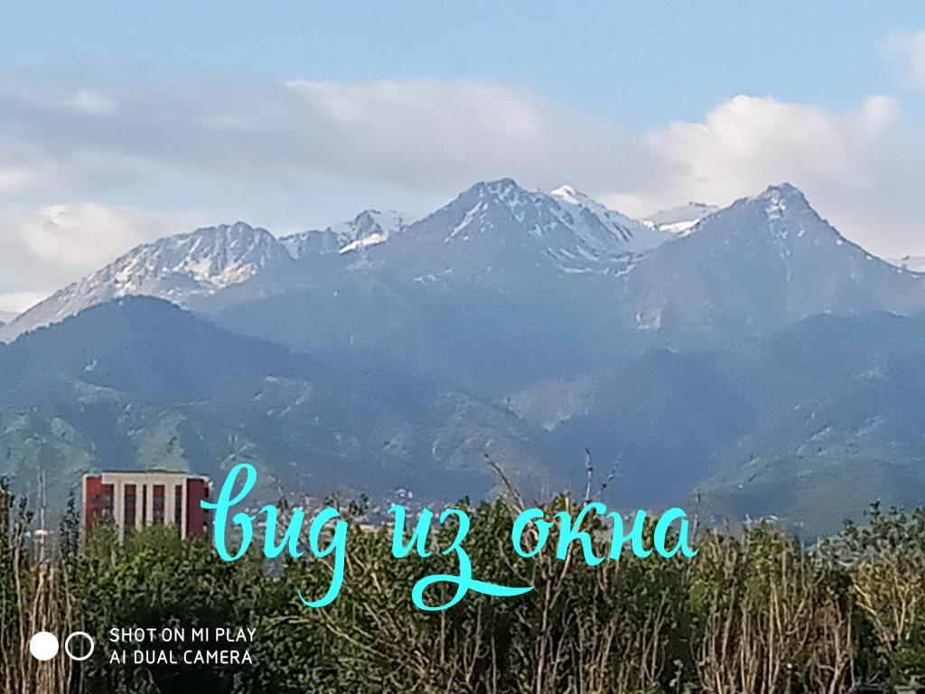 een foto van bergen met een bord dat zegt grote leguaan bij Современная квартира с видом на горы in Alma-Ata