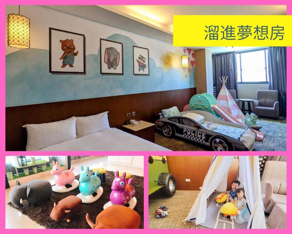 a hotel room with a bedroom with a bed and a toy car at Guanko Hotel in Chiayi City
