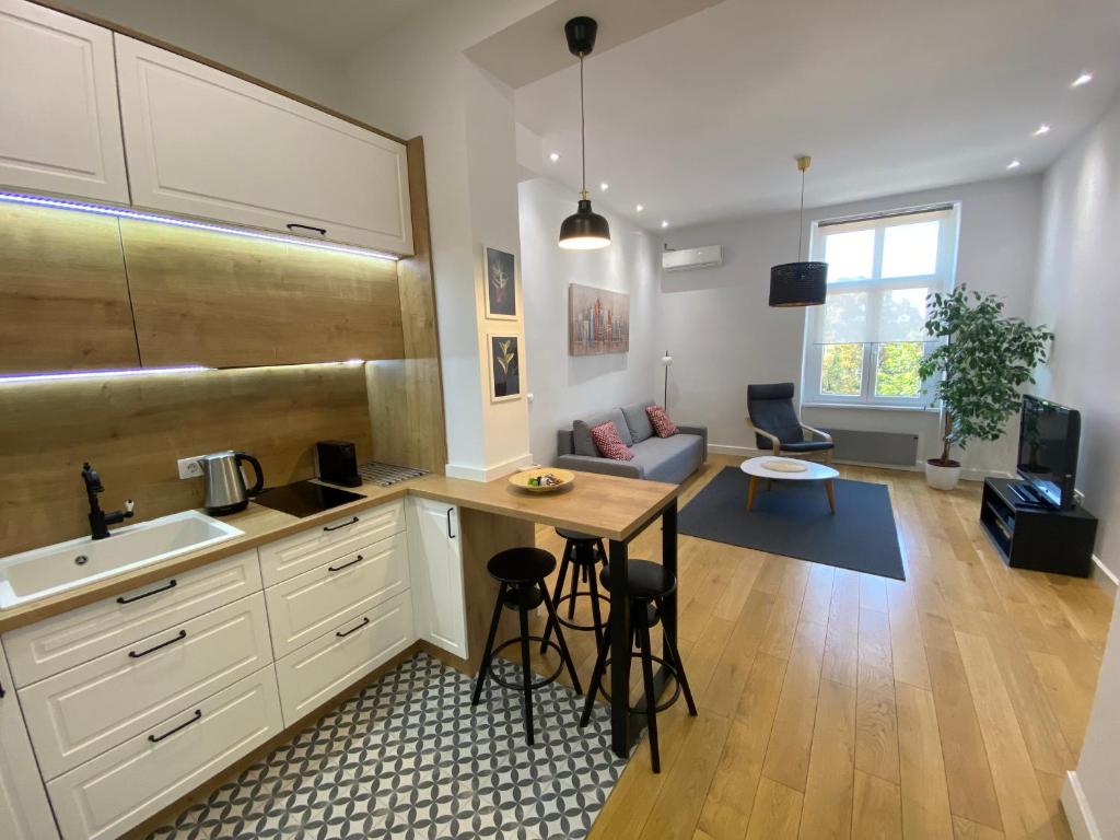 een keuken en een woonkamer met een tafel en stoelen bij Downtown Lights Apartment in Belgrado