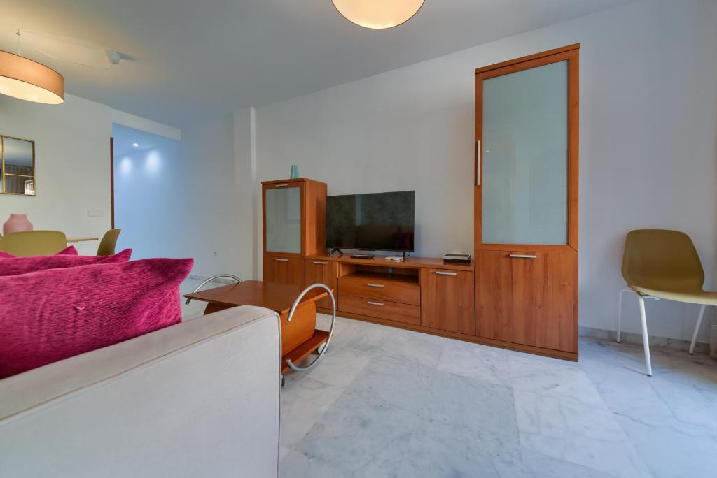 salon z kanapą i telewizorem w obiekcie Holidays2Malaga Ayala 450 mts from beach & Terrace w Maladze