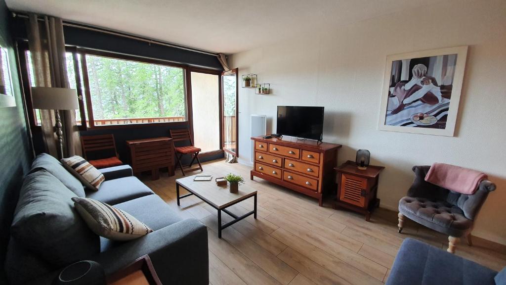- un salon avec un canapé et une télévision dans l'établissement Studio Hyper centre Valberg, à Valberg
