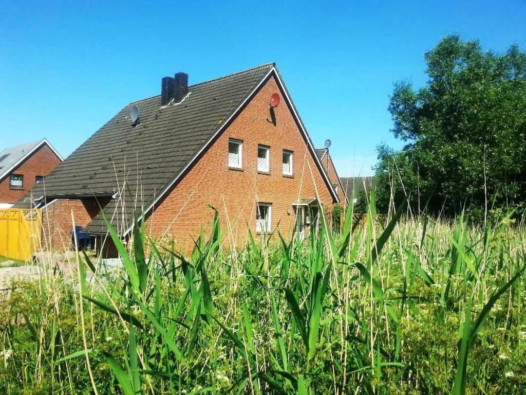 una gran casa de ladrillo en un campo de hierba alta en Haus am Schilf en Nordstrand