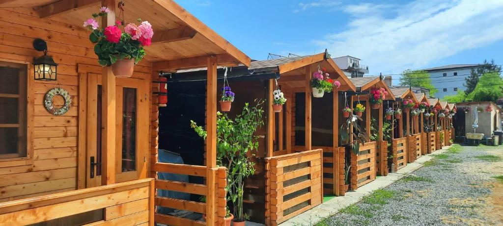 a row of wooden cottages with flowers on them at Casa Gabriela in Vama Veche