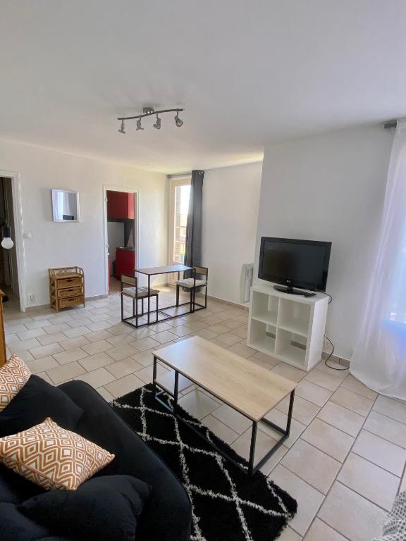 a living room with a couch and a tv at Appartement 2 pièces à Nevers in Nevers