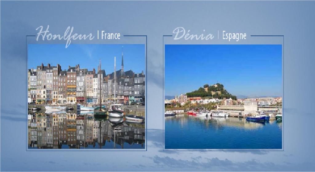 dos fotos de una ciudad y un puerto con barcos en Appartements Maisons Bleues, en Honfleur