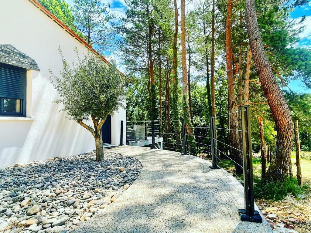 a walkway in front of a house with a tree at Le Photinia in Le Bugue