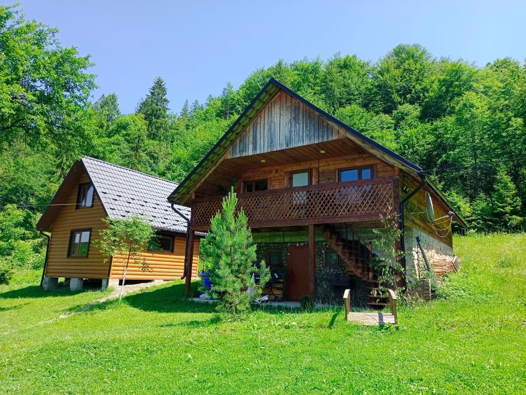 une grande maison en bois dans un champ d'herbe dans l'établissement Під горою, à Sheshory