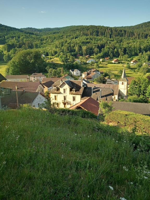 a small town with houses and a green field at La Porte Rose in Rochesson