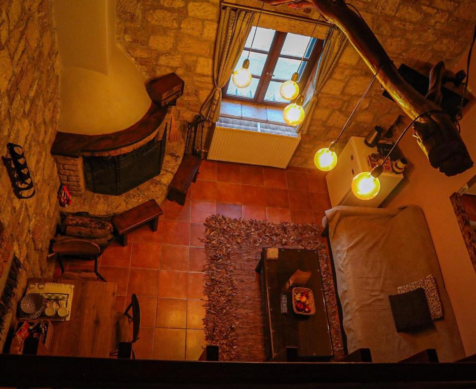 an overhead view of a living room with a window at Saint George in Kalavrita