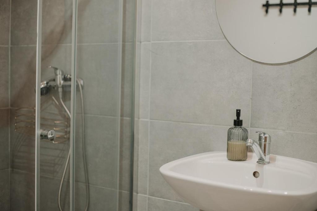 a bathroom with a sink and a shower with a mirror at Gallery Apartment 1 in Martin