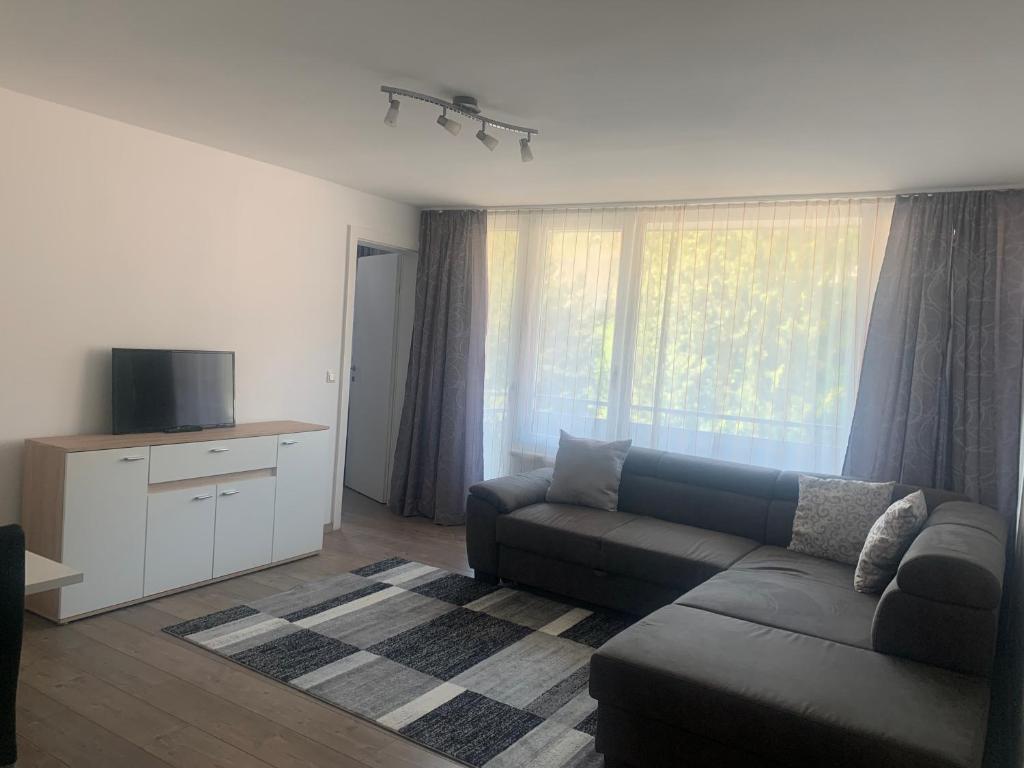 a living room with a couch and a television at Smart Stay Apartment in Feldkirch