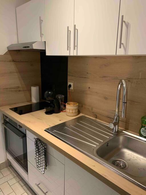 une cuisine avec un évier et un plan de travail dans l'établissement Aubenas plein centre tout près du château, à Aubenas