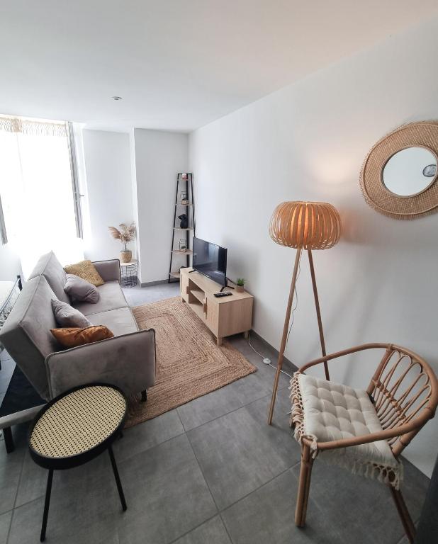 un salon avec un canapé et une chaise dans l'établissement Logement chaleureux 2 personnes, à Saint-Gaudens