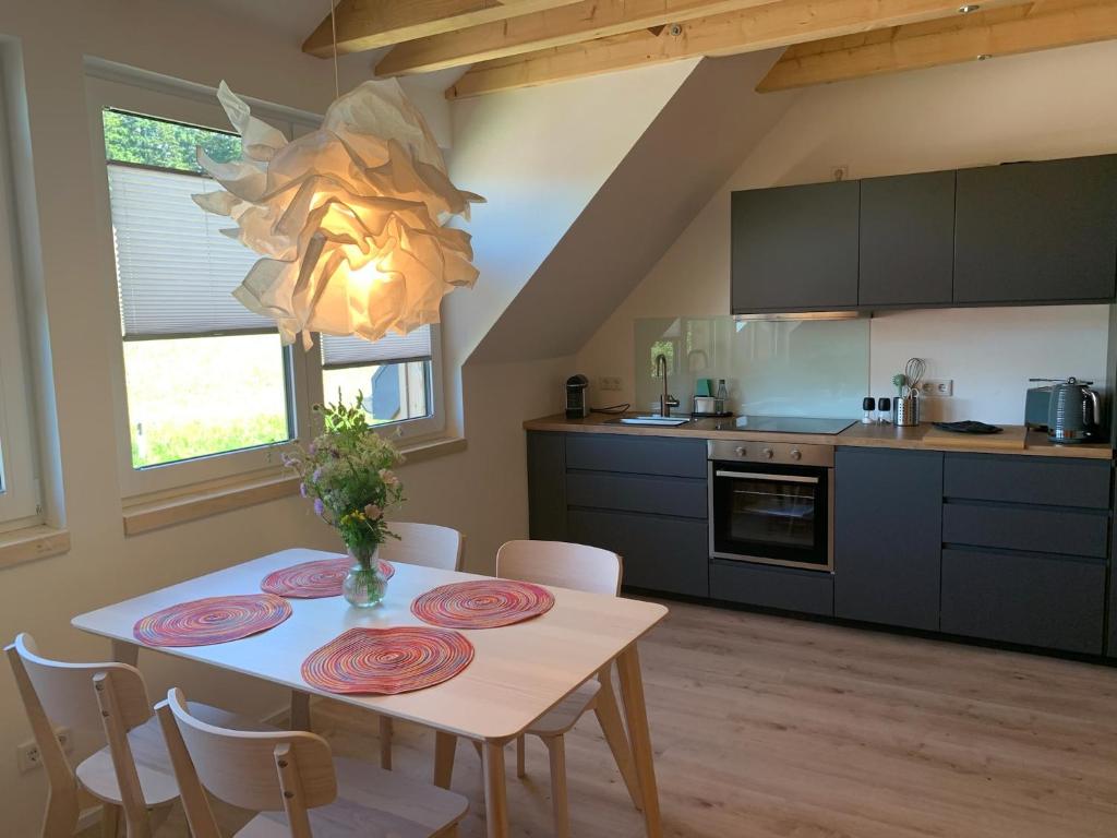 uma cozinha com uma mesa e cadeiras numa cozinha em Blackforest Homestay em Herrischried