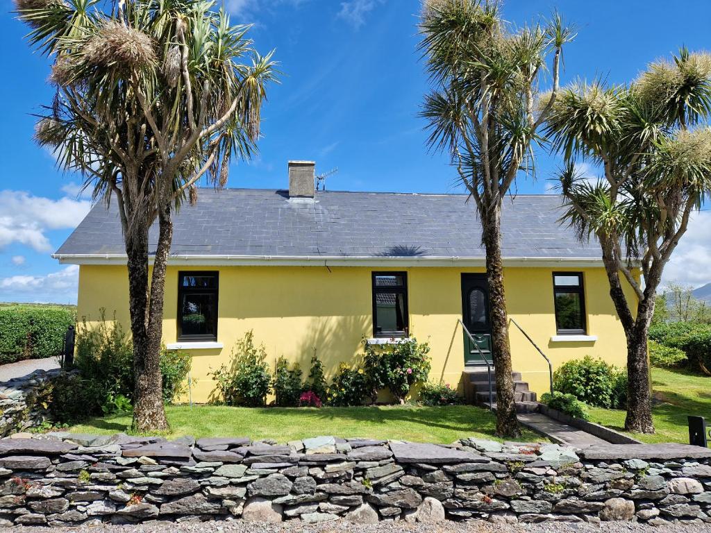 Kate's Cottage في جزيرة فالينتيا: منزل اصفر امامه اشجار النخيل