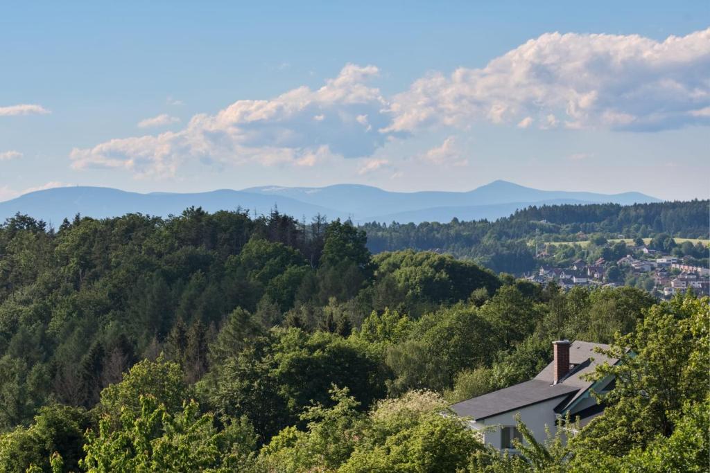 una casa en el bosque con montañas en el fondo en Farářova vyhlídka, en Náchod