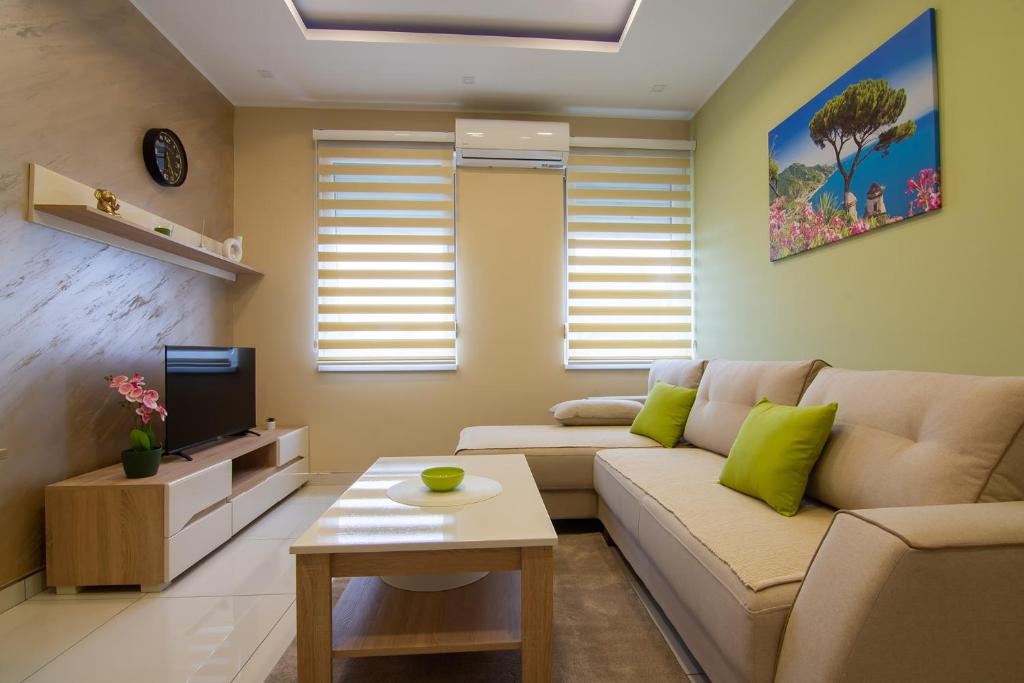 a living room with a couch and a tv at Jana apartmani in Novi Grad