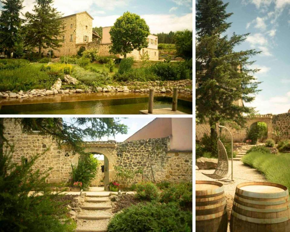 eine Collage mit drei Bildern eines Gebäudes und eines Baumes in der Unterkunft Mas Héritage in Rosières