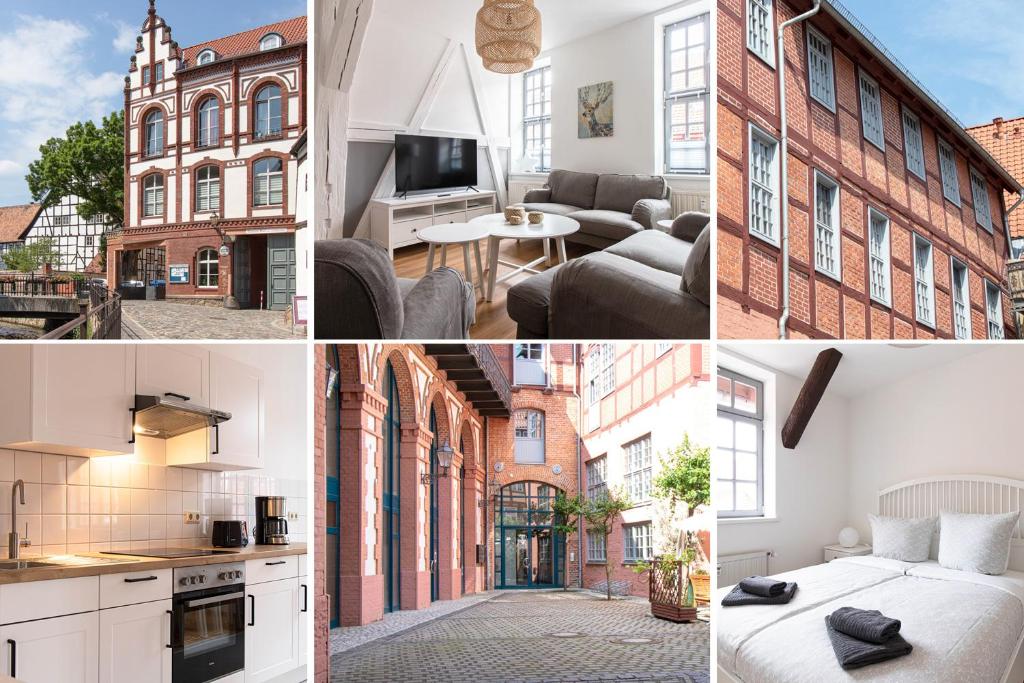 eine Collage mit Fotos einer Wohnung mit einem Gebäude in der Unterkunft Ferienwohnungen BUNTER HOF Quedlinburg in Quedlinburg