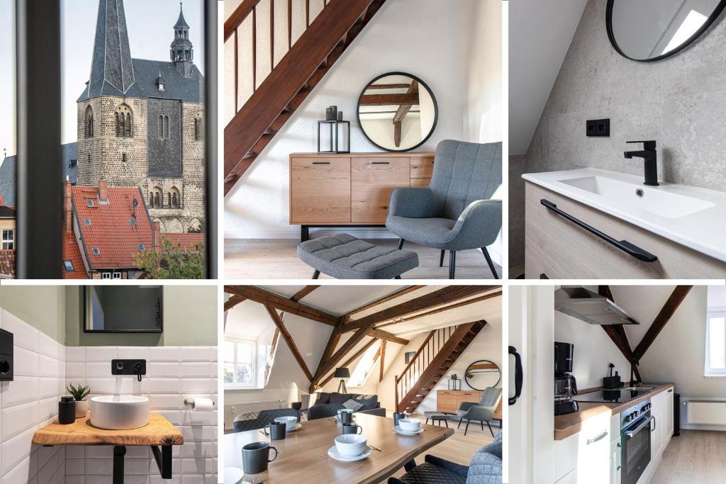 a collage of photos of a bathroom with a church at Ferienwohnungen im Weingarten Quedlinburg in Quedlinburg