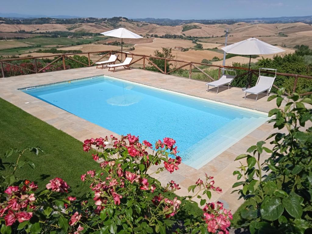 a swimming pool with chairs and umbrellas and flowers at LA CASA DI CHIANNI La Pieve in Chianni