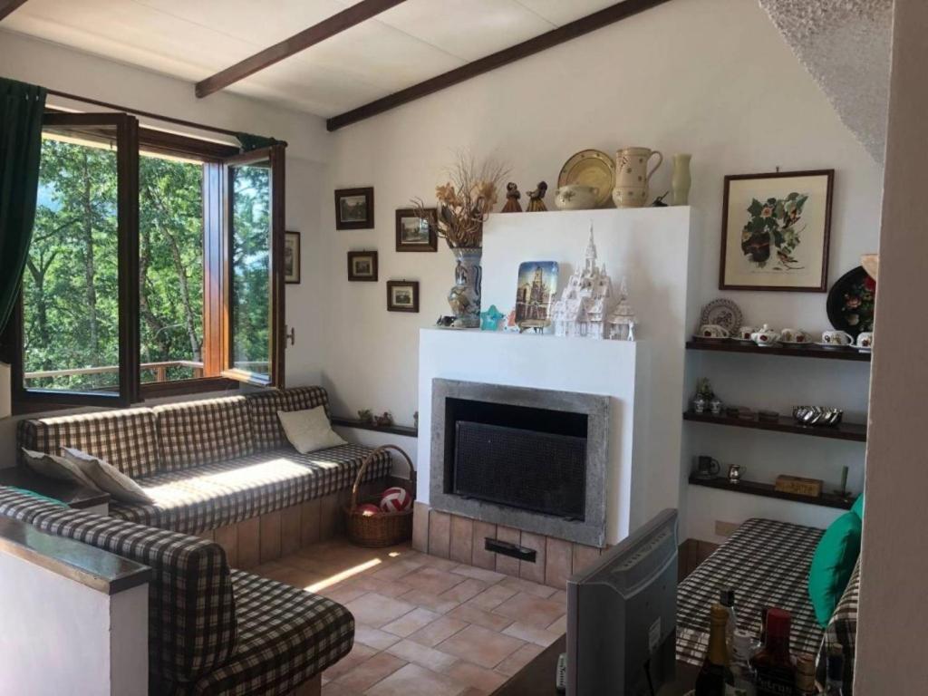 a living room with a couch and a fireplace at Appartamento EdenSirente in Rocca di Cambio