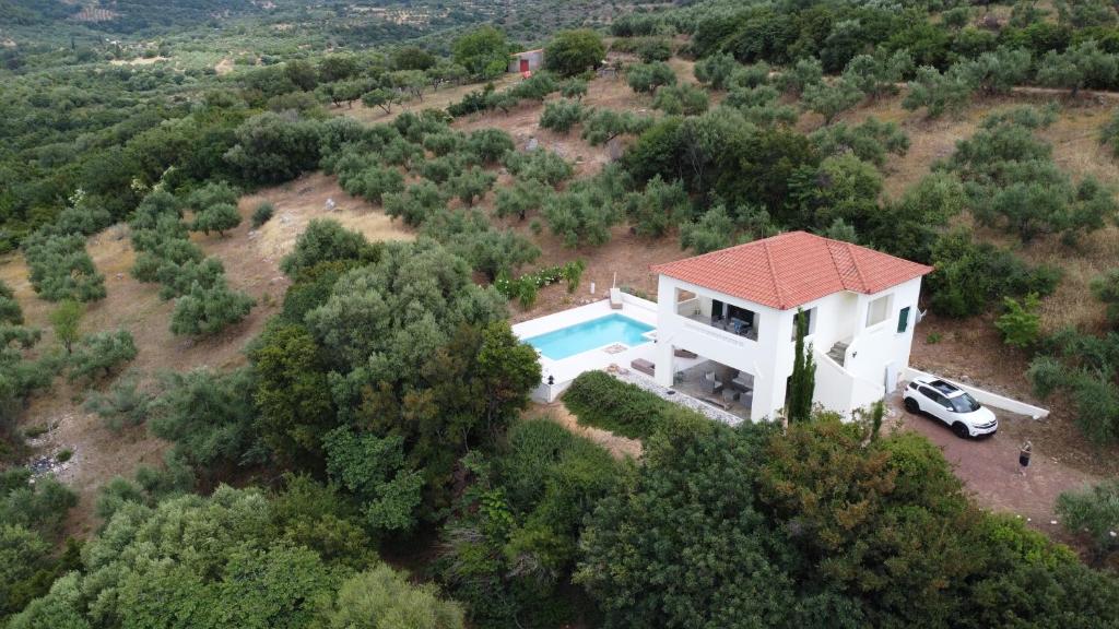 an aerial view of a house with a swimming pool at Kyparissia De Wandelboom in Vrísai