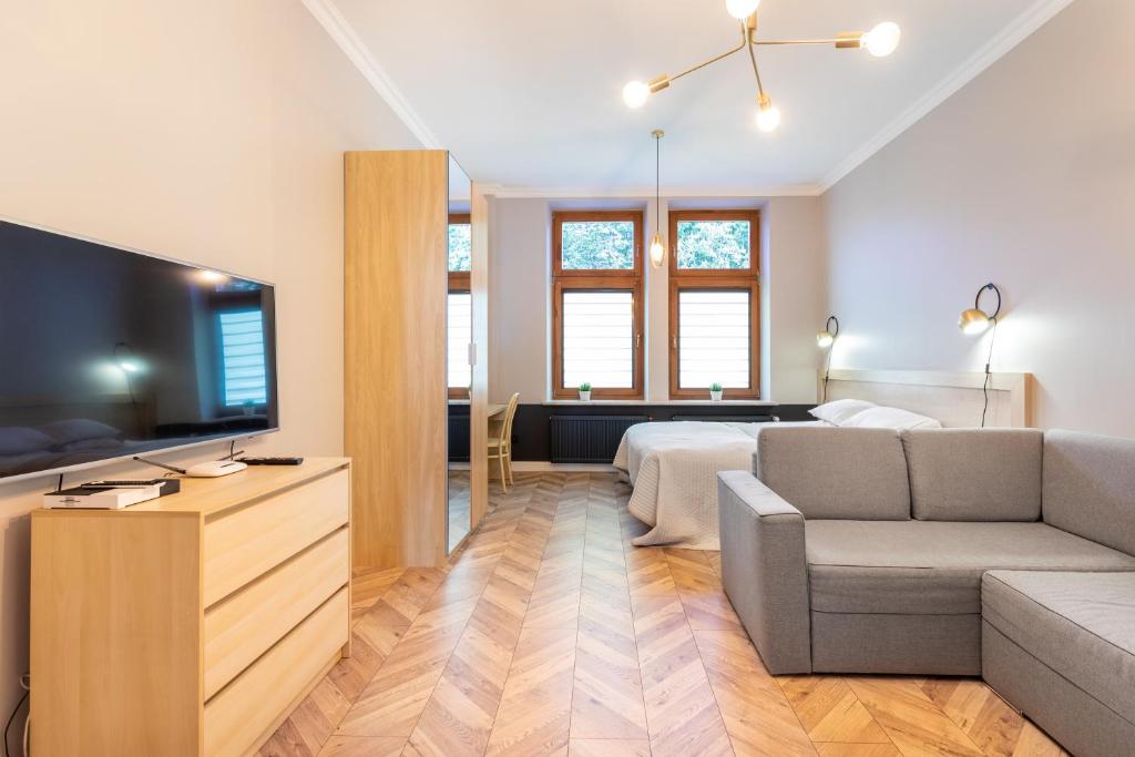 Televízia a/alebo spoločenská miestnosť v ubytovaní Apartamenty Łazarza 17