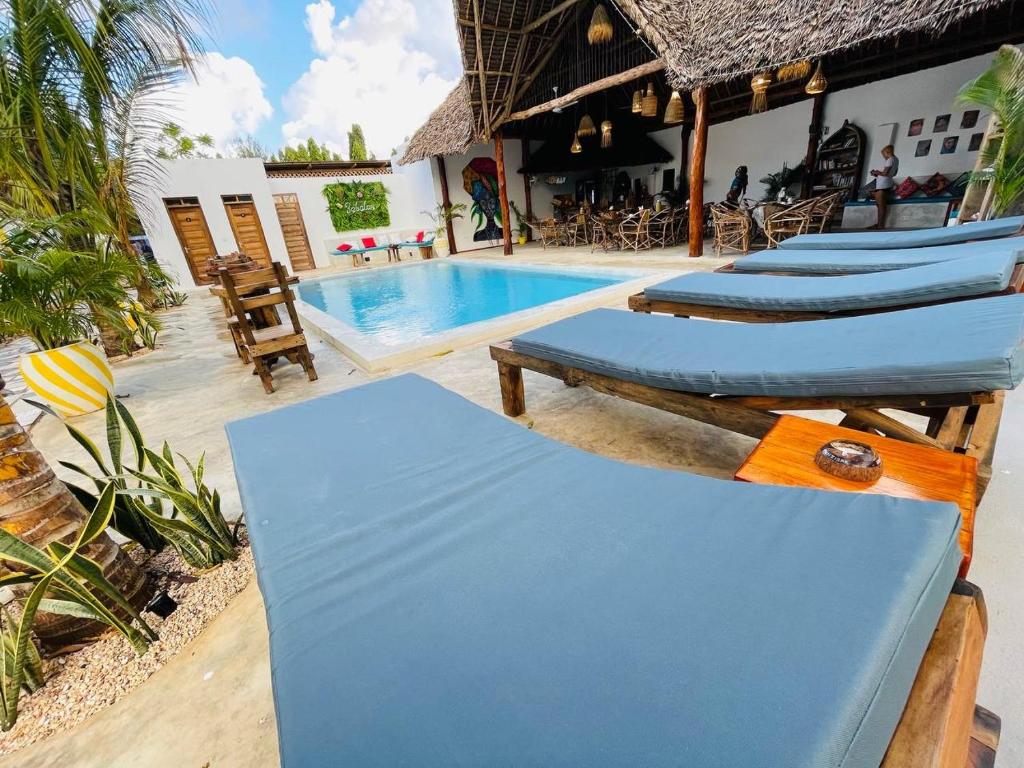 a row of lounge chairs next to a swimming pool at Babalao Bungalows in Nungwi