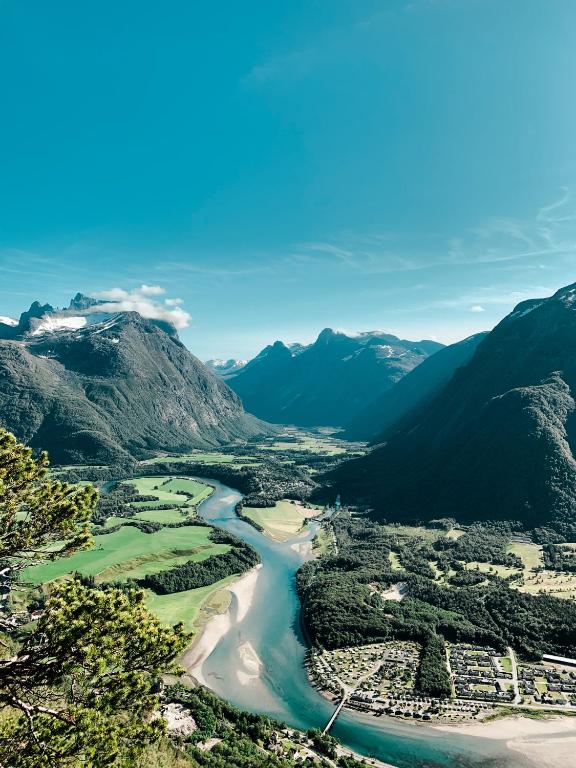 an aerial view of a valley in the mountains at Åndalsnes Hytteutleie in Åndalsnes
