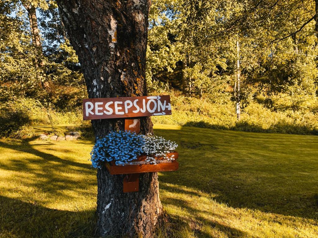 a tree with a sign on a tree at Åndalsnes Hytteutleie in Åndalsnes