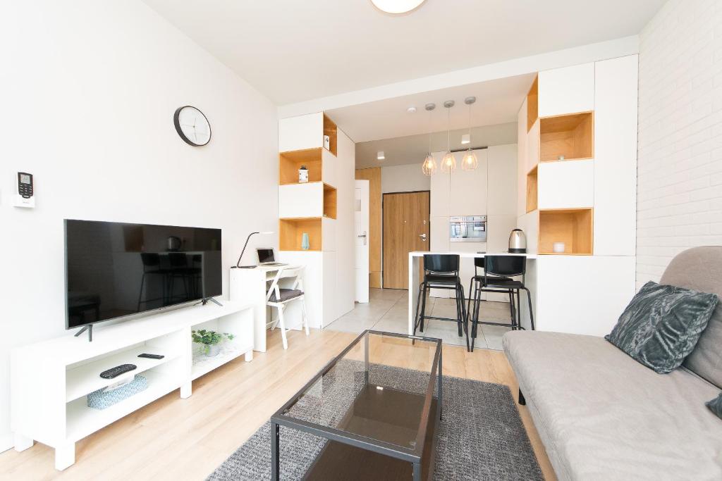 Televízia a/alebo spoločenská miestnosť v ubytovaní Main Trainstation one bedroom AC p4you pl