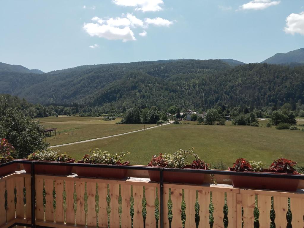d'un balcon avec vue sur un champ et les montagnes. dans l'établissement APARTMENT WITH A VIEW, à Bohinjska Bistrica