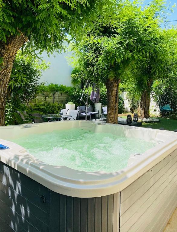 un bain à remous dans une arrière-cour arborée dans l'établissement Belle villa à 5 mn du centre avec grd jaccuzy, à Montpellier